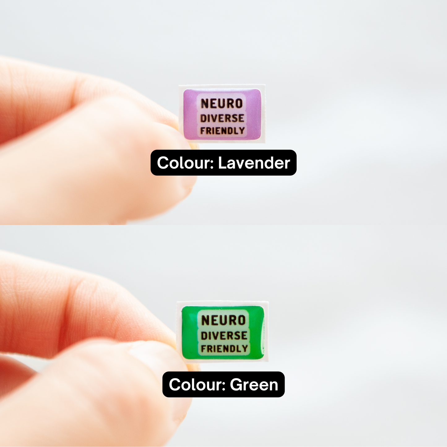 Fingers holding a green sticker and a lavender sticker, both with 'Neurodiverse Friendly' text, representing neurodivergent stickers.