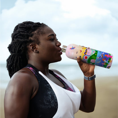 Badgie Be Yourself Steel Water Bottle BPAFree. Product image of a person in activewear drinking from the steel bottle bpafree