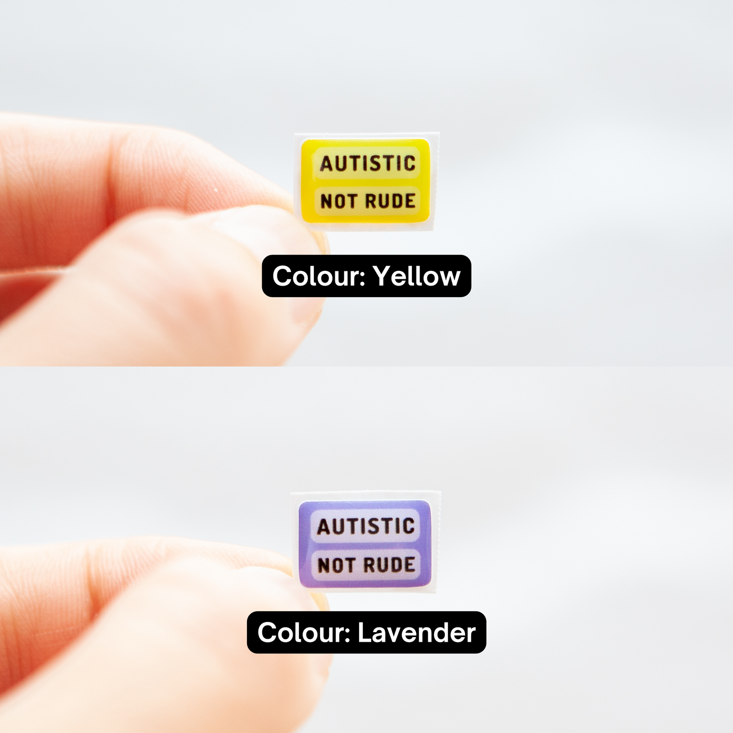 A sticker with the message 'Autistic Not Rude' designed for name badges and ID tags. A high-quality autistic sticker with your choice of a yellow or lavender background! Proudly say, I have autism!