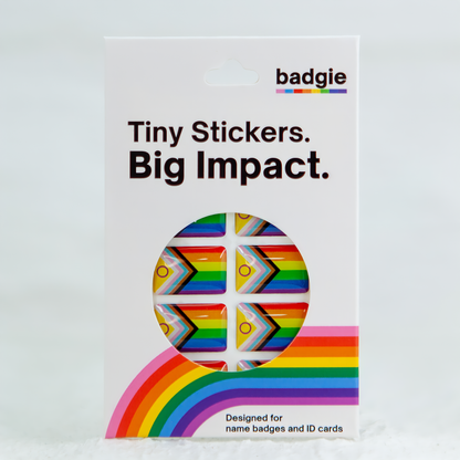 A vibrant sticker featuring the Progress Pride and Intersex Flag design for name badges and ID tags. A high-quality LGBTQIA+ pride flag sticker with super-sticky adhesive.