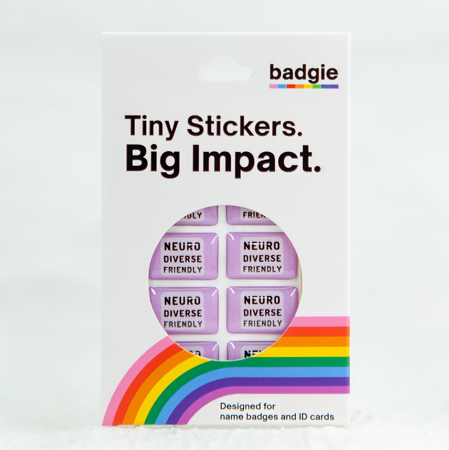 A retail package containing eight lavender neurodivergent stickers with the 'Neurodiverse Friendly' label.