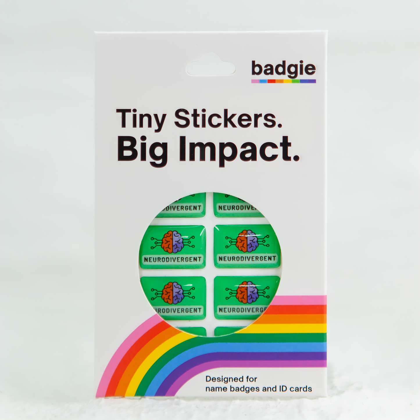 Badgie retail packaging showing eight green stickers, with 'Neurodivergent' text, and a digitally illustrated image of a brain, representing neurodivergent stickers.