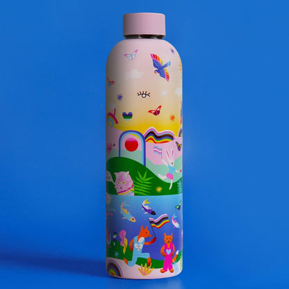 Badgie Be Yourself Steel Water Bottle BPAFree. Product image of the steel bottle bpafree against dark blue background