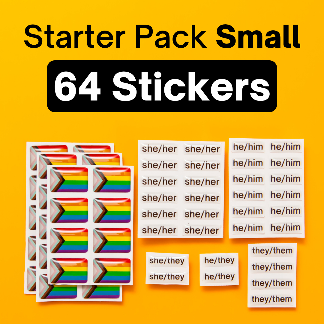 The Badgie Sticker Starter Pack which includes 60 stickers, including pride flag stickers and pronouns stickers for name badges and ID tags. Perfect as a pride flag sticker. Bulk buy for better value!