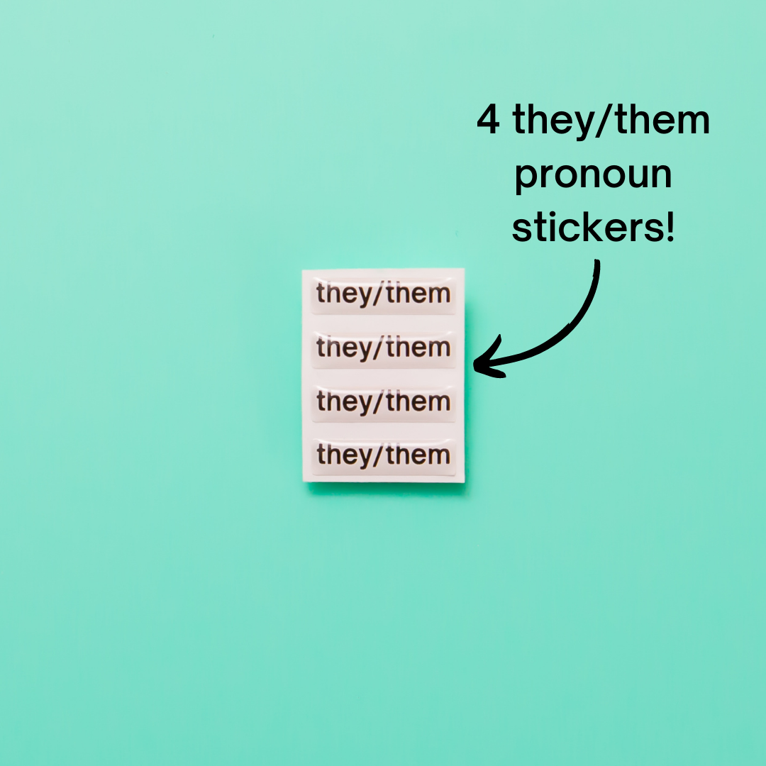 They/them pronoun stickers. Included in the Badgie Sticker Starter Pack which includes 128 stickers, including pride flag stickers and pronouns stickers for name badges and ID tags. Perfect as a pride flag sticker. Bulk buy for better value!
