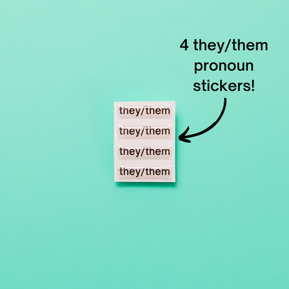 They/them pronoun stickers. Included in the Badgie Sticker Starter Pack which includes 128 stickers, including pride flag stickers and pronouns stickers for name badges and ID tags. Perfect as a pride flag sticker. Bulk buy for better value!