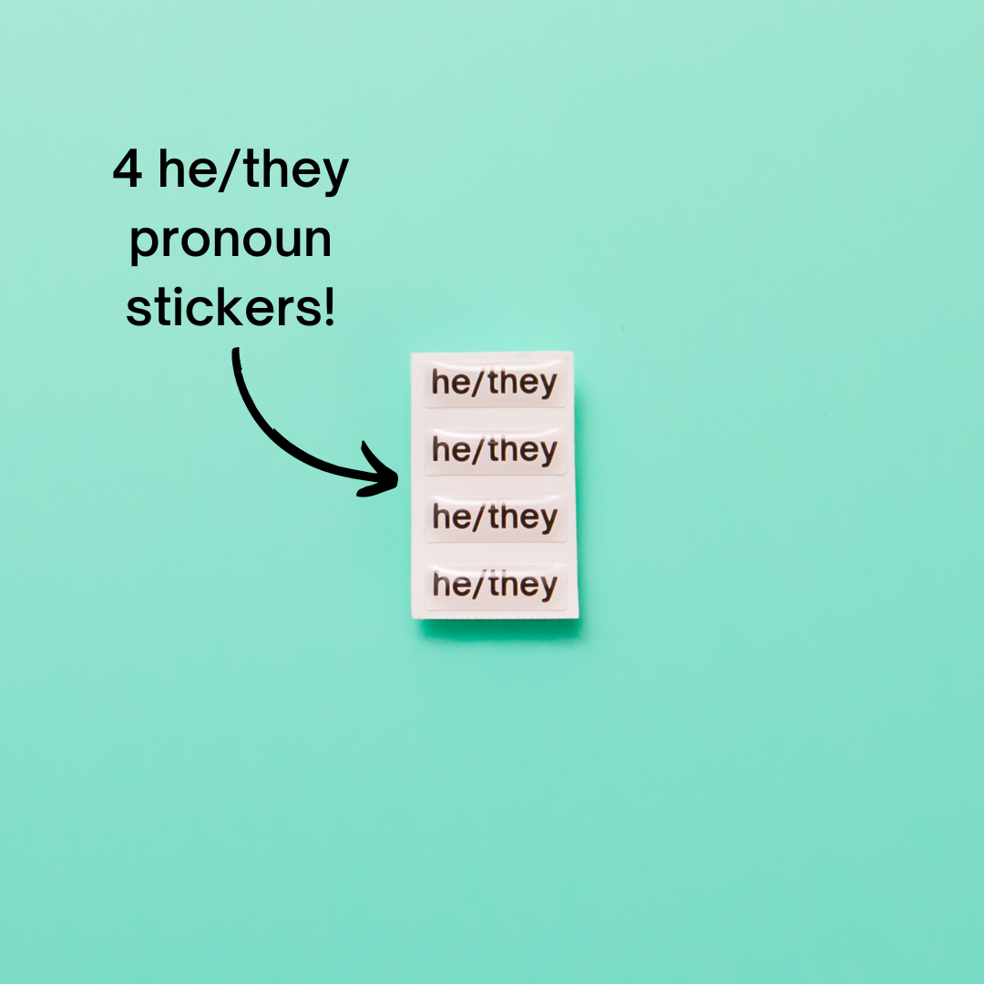 He/they pronoun stickers. Included in the Badgie Sticker Starter Pack which includes 128 stickers, including pride flag stickers and pronouns stickers for name badges and ID tags. Perfect as a pride flag sticker. Bulk buy for better value!