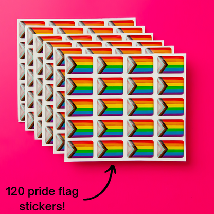 The Badgie Sticker Starter Pack which includes 128 stickers, including pride flag stickers and pronouns stickers for name badges and ID tags. Perfect as a pride flag sticker. Bulk buy for better value!