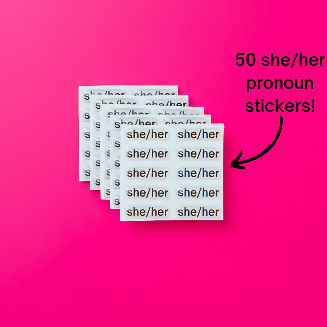 She/her pronoun stickers. Included in the Badgie Sticker Starter Pack which includes 248 stickers, including pride flag stickers and pronouns stickers for name badges and ID tags. Perfect as a pride flag sticker. Bulk buy for better value!