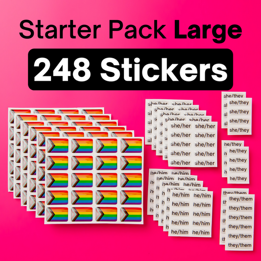 The Badgie Sticker Starter Pack which includes 248 stickers, including pride flag stickers and pronouns stickers for name badges and ID tags. Perfect as a pride flag sticker. Bulk buy for better value!