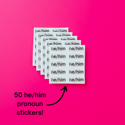 He/him pronoun stickers. Included in the Badgie Sticker Starter Pack which includes 248 stickers, including pride flag stickers and pronouns stickers for name badges and ID tags. Perfect as a pride flag sticker. Bulk buy for better value!