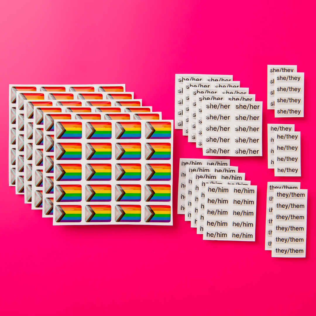 The Badgie Sticker Starter Pack which includes 128 stickers, including pride flag stickers and pronouns stickers for name badges and ID tags. Perfect as a pride flag sticker. Bulk buy for better value!