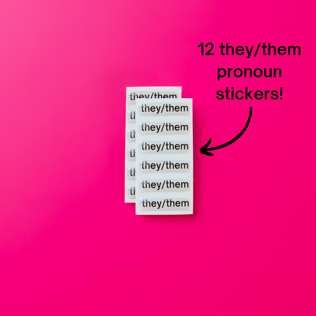 They/them pronoun stickers. Included in the Badgie Sticker Starter Pack which includes 248 stickers, including pride flag stickers and pronouns stickers for name badges and ID tags. Perfect as a pride flag sticker. Bulk buy for better value!