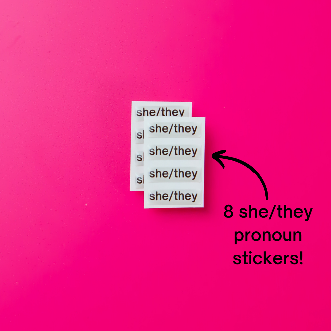 She/they pronoun stickers. Included in the Badgie Sticker Starter Pack which includes 248 stickers, including pride flag stickers and pronouns stickers for name badges and ID tags. Perfect as a pride flag sticker. Bulk buy for better value!
