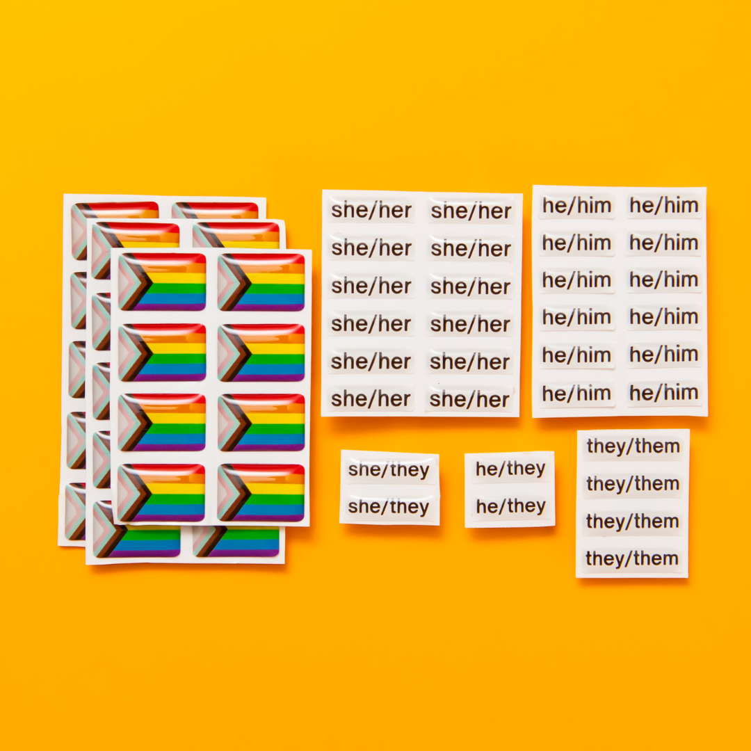 The Badgie Sticker Starter Pack which includes 60 stickers, including pride flag stickers and pronouns stickers for name badges and ID tags. Perfect as a pride flag sticker. Bulk buy for better value!