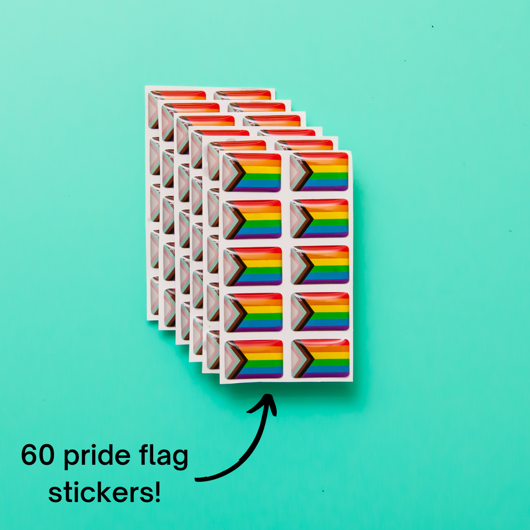 The Badgie Sticker Starter Pack which includes 128 stickers, including pride flag stickers and pronouns stickers for name badges and ID tags. Perfect as a pride flag sticker. Bulk buy for better value!
