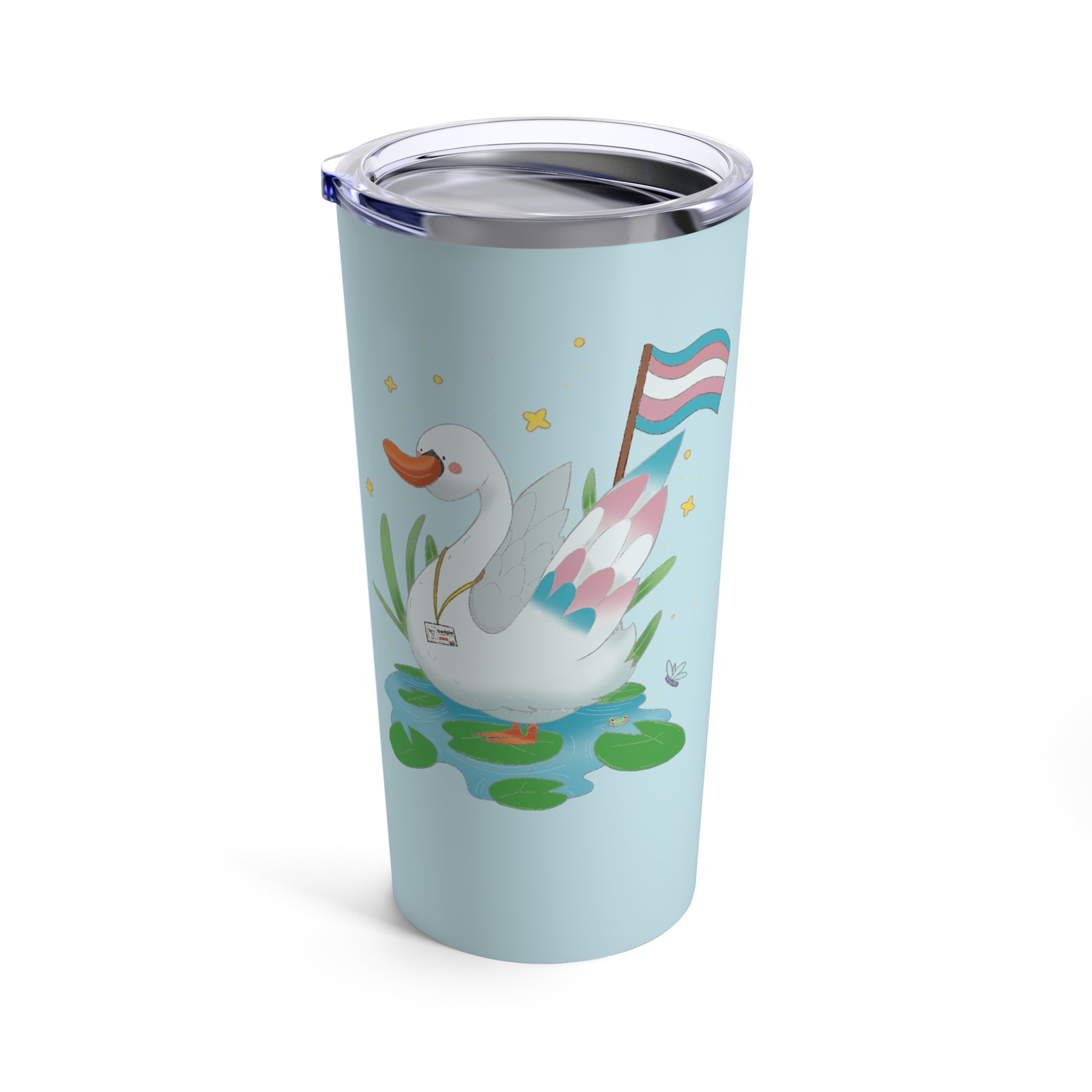 Trans themed 20oz reusable cup featuring Tundra the Trans Swan, made of stainless steel for hot and cold drinks, perfect for eco-conscious coffee lovers.