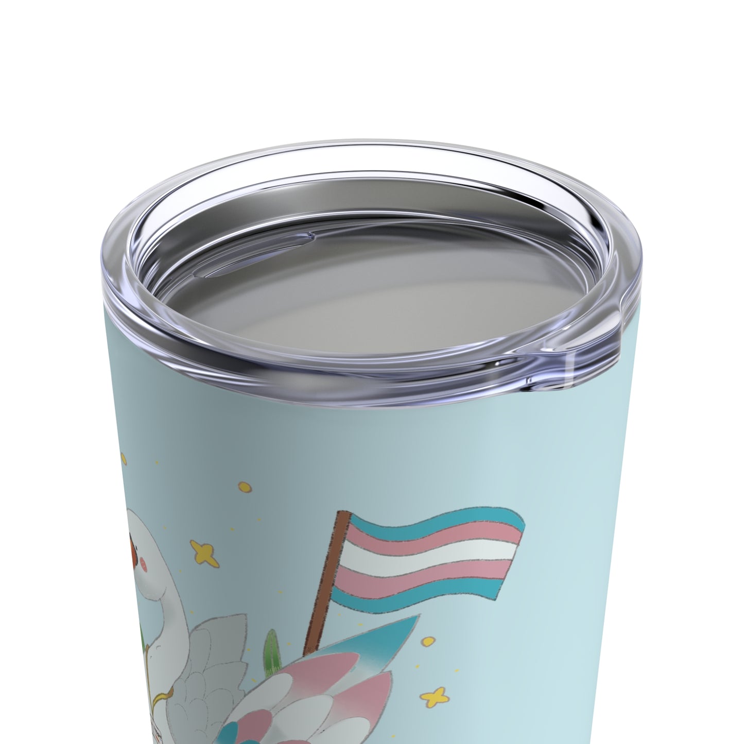 Trans themed 20oz reusable cup featuring Tundra the Trans Swan, made of stainless steel for hot and cold drinks, perfect for eco-conscious coffee lovers.