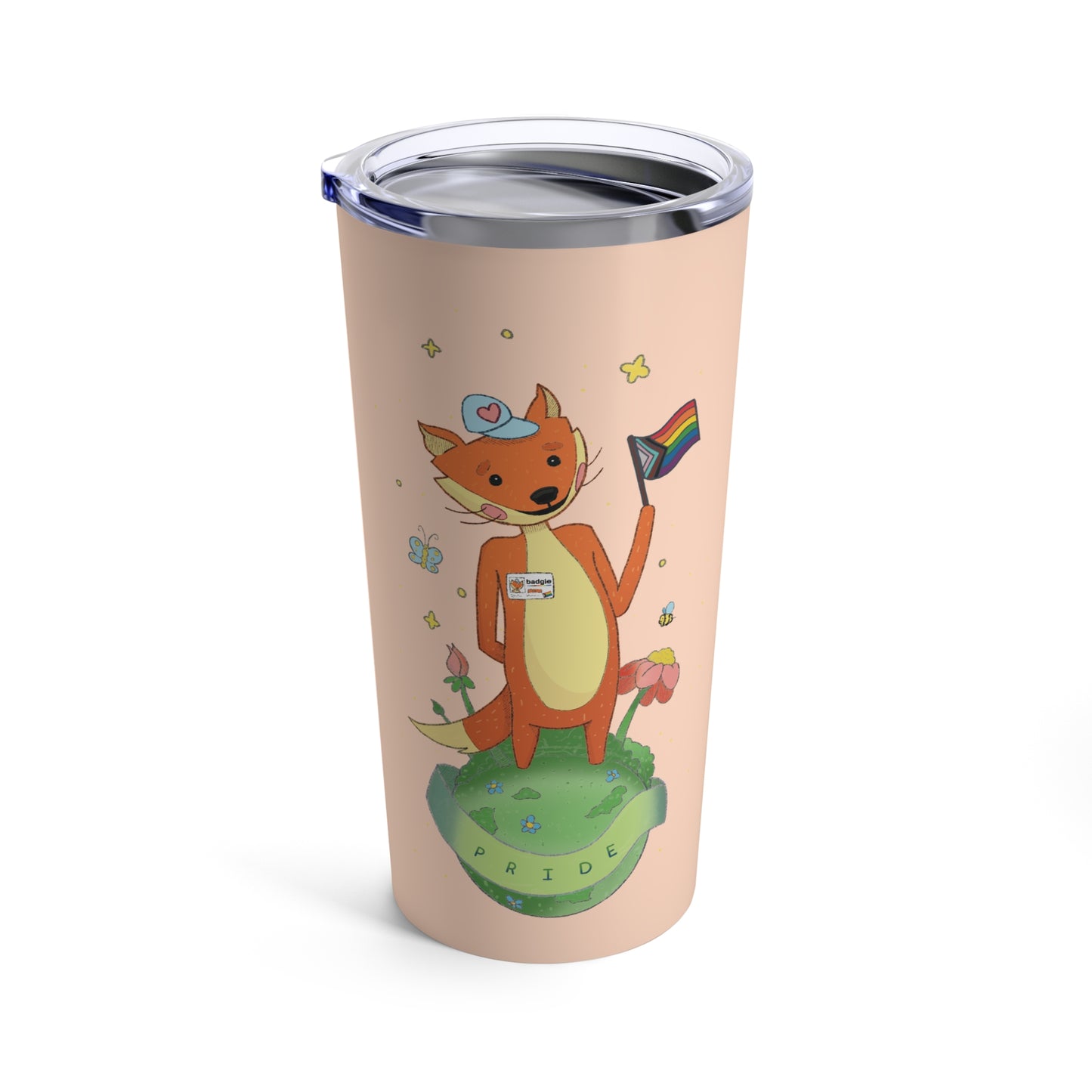 Pride-themed 20oz reusable cup featuring Kit the Pride Fox, made of stainless steel for hot and cold drinks, perfect for eco-conscious coffee lovers.