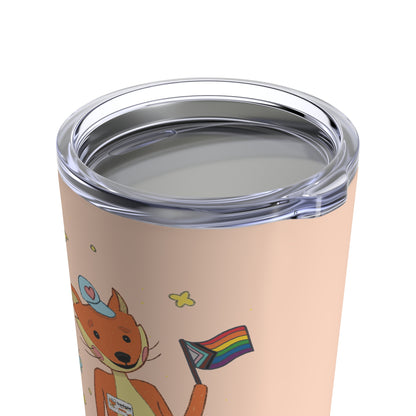 Pride-themed 20oz reusable cup featuring Kit the Pride Fox, made of stainless steel for hot and cold drinks, perfect for eco-conscious coffee lovers.