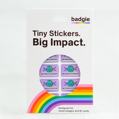 Badgie retail packaging showing eight lavender stickers, with 'Neurodivergent' text, and a digitally illustrated image of a brain, representing neurodivergent stickers.