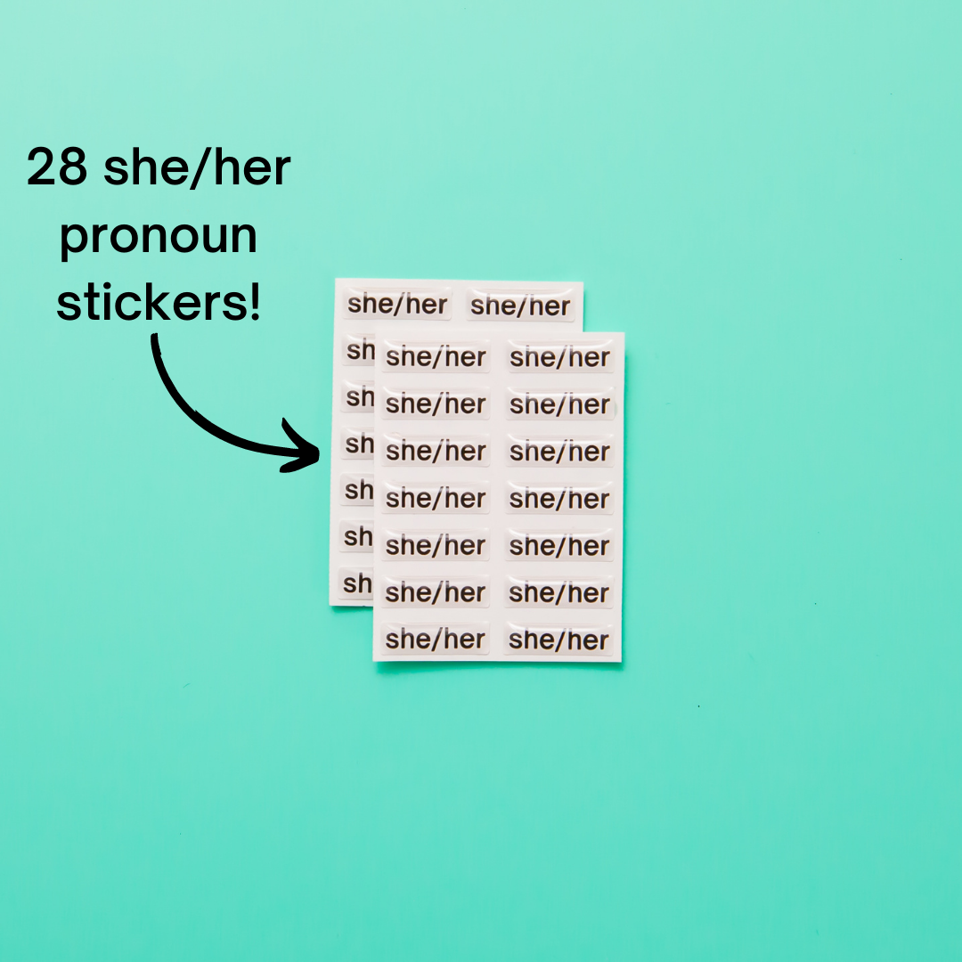 She/her pronoun stickers. Included in the Badgie Sticker Starter Pack which includes 128 stickers, including pride flag stickers and pronouns stickers for name badges and ID tags. Perfect as a pride flag sticker. Bulk buy for better value!