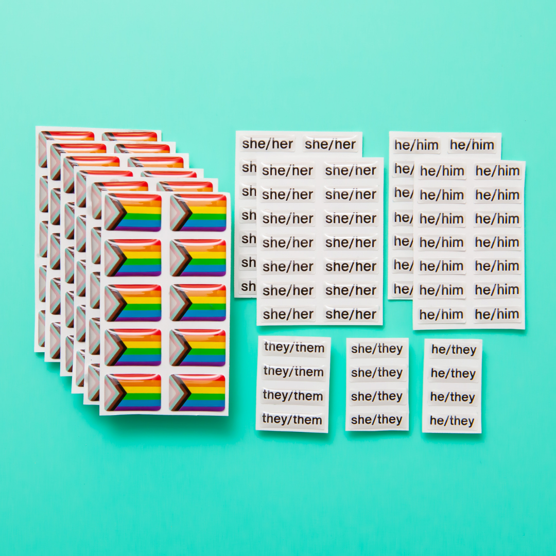 The Badgie Sticker Starter Pack which includes 128 stickers, including pride flag stickers and pronouns stickers for name badges and ID tags. Perfect as a pride flag sticker. Bulk buy for better value!