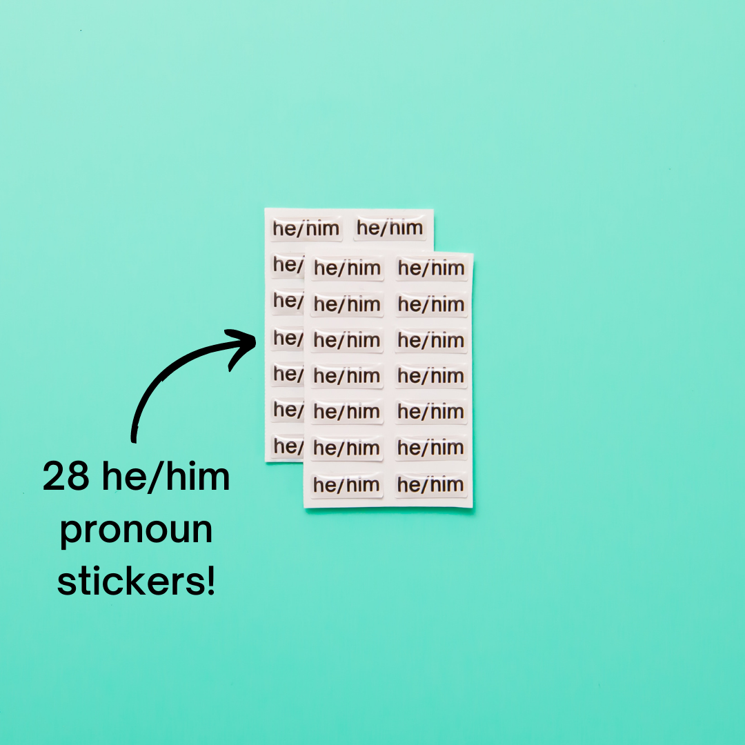 He/him pronoun stickers. Included in the Badgie Sticker Starter Pack which includes 128 stickers, including pride flag stickers and pronouns stickers for name badges and ID tags. Perfect as a pride flag sticker. Bulk buy for better value!