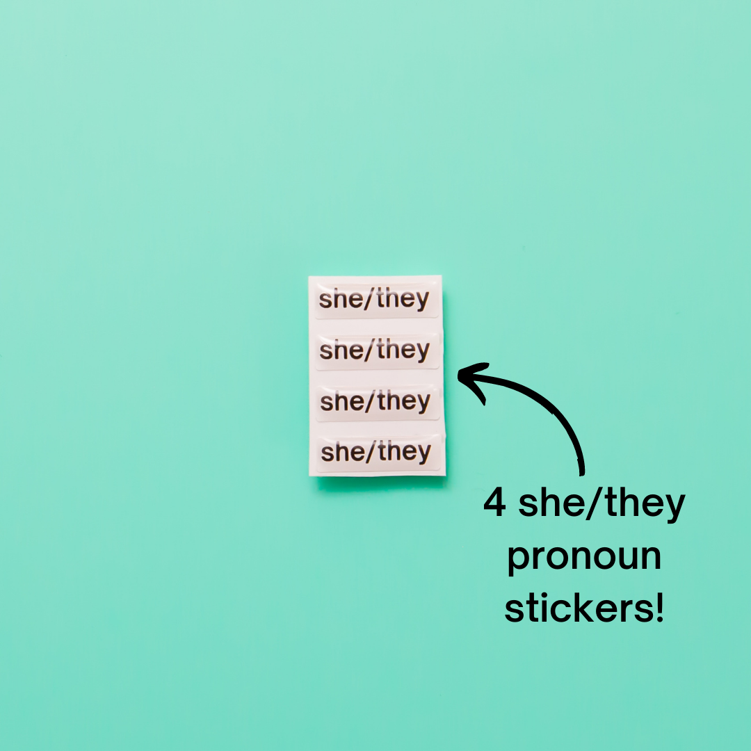 She/they pronoun stickers. Included in the Badgie Sticker Starter Pack which includes 128 stickers, including pride flag stickers and pronouns stickers for name badges and ID tags. Perfect as a pride flag sticker. Bulk buy for better value!