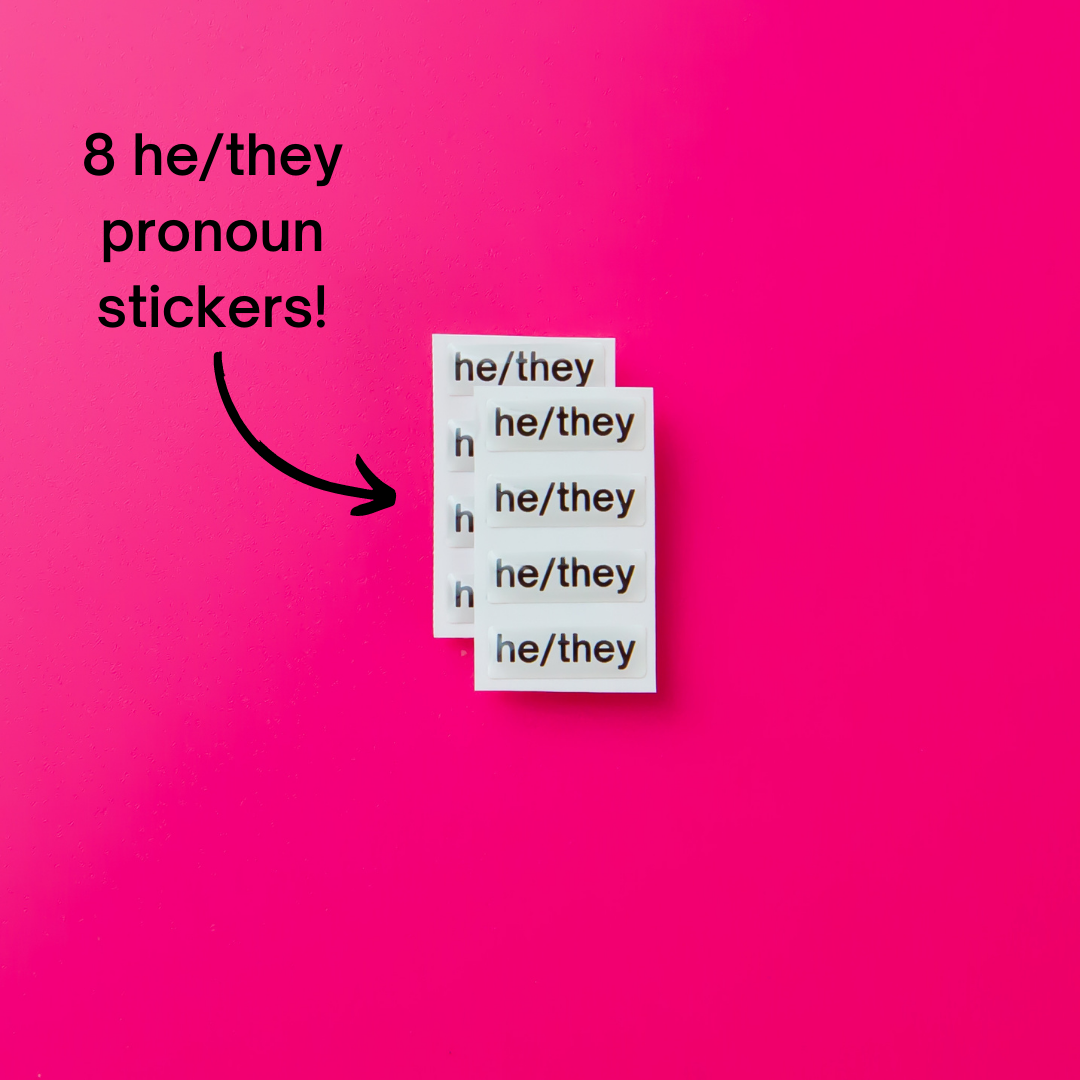 He/they pronoun stickers. Included in the Badgie Sticker Starter Pack which includes 248 stickers, including pride flag stickers and pronouns stickers for name badges and ID tags. Perfect as a pride flag sticker. Bulk buy for better value!