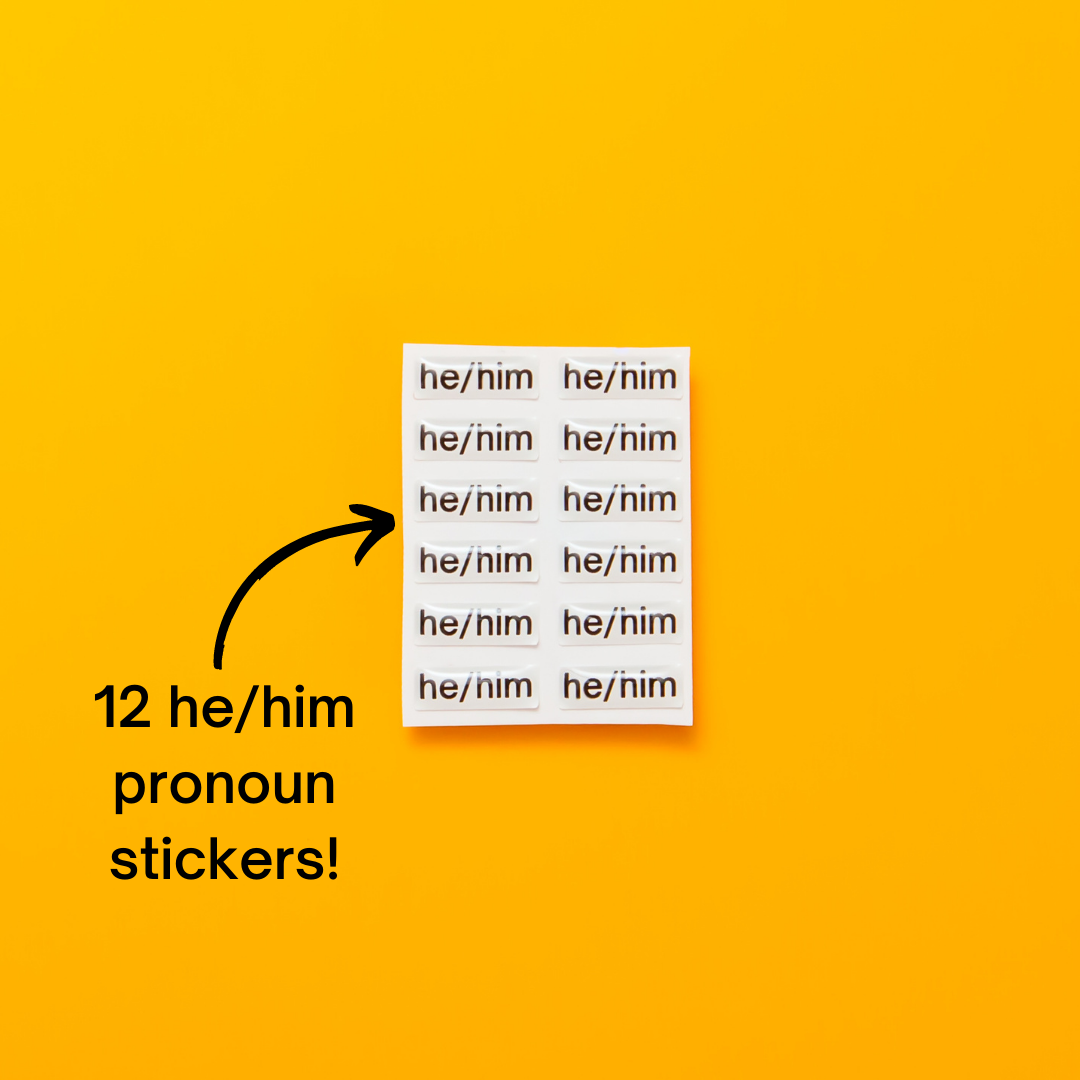He/him pronoun stickers. Included in the Badgie Sticker Starter Pack which includes 60 stickers, including pride flag stickers and pronouns stickers for name badges and ID tags. Perfect as a pride flag sticker. Bulk buy for better value!