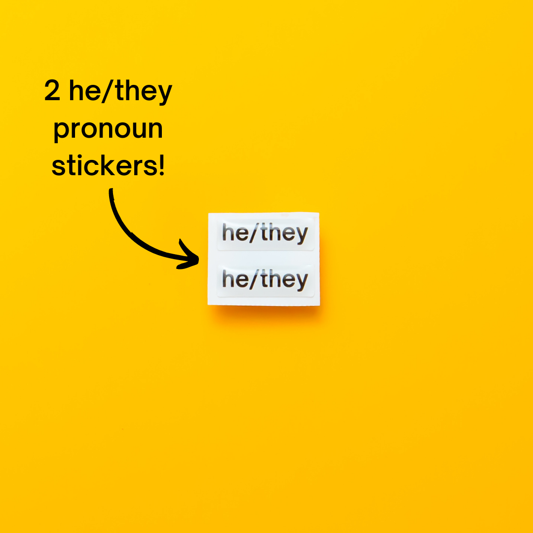 he/they pronoun stickers. Included in the Badgie Sticker Starter Pack which includes 60 stickers, including pride flag stickers and pronouns stickers for name badges and ID tags. Perfect as a pride flag sticker. Bulk buy for better value!
