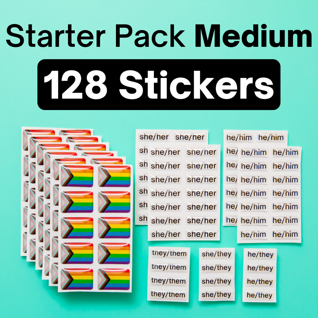 The Badgie Sticker Starter Pack which includes 128 stickers, including pride flag stickers and pronouns stickers for name badges and ID tags. Perfect as a pride flag sticker. Bulk buy for better value!